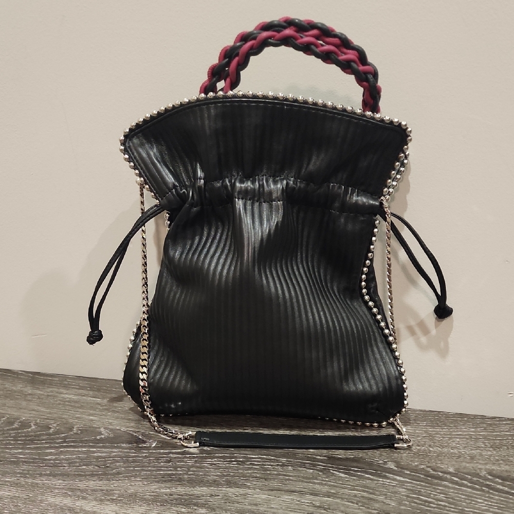 Les Petits Joueurs Black Big Trilly Lambskin Metal Piping Drawstring Bag